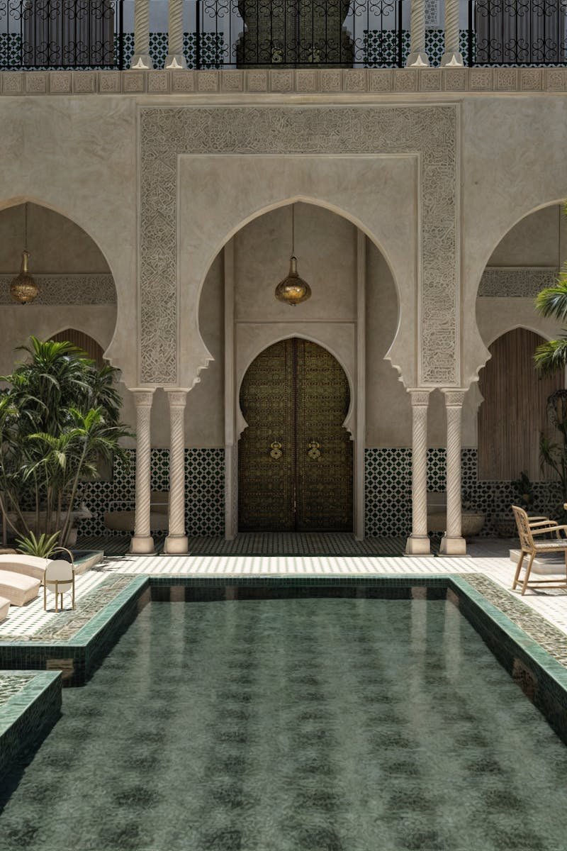 Stunning Moroccan riad features a serene pool and traditional décor in Marrakech.