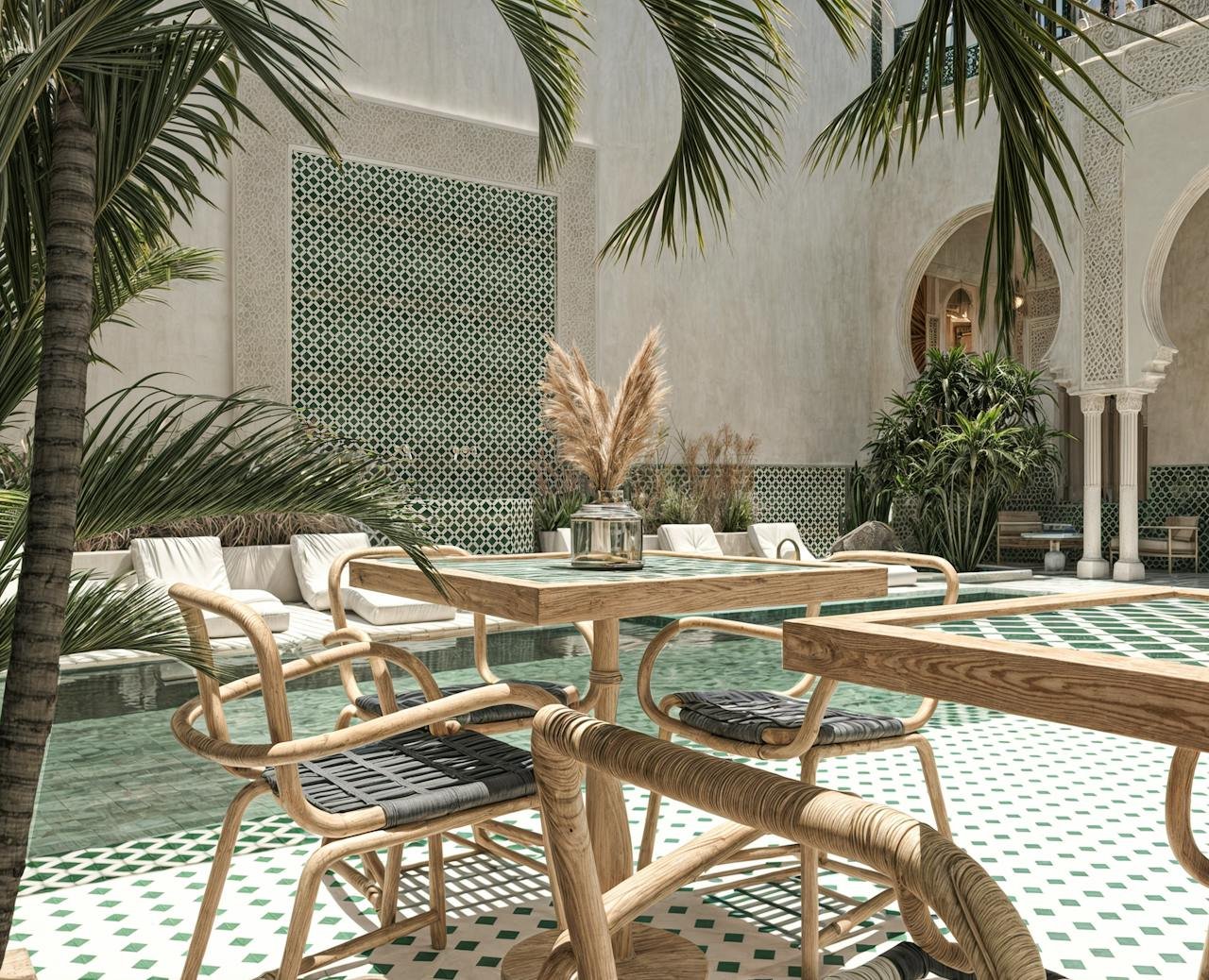 The Art of Drawing Readers In: Your attractive post title goes here Beautiful Moroccan-style patio with elegant furniture and lush greenery.